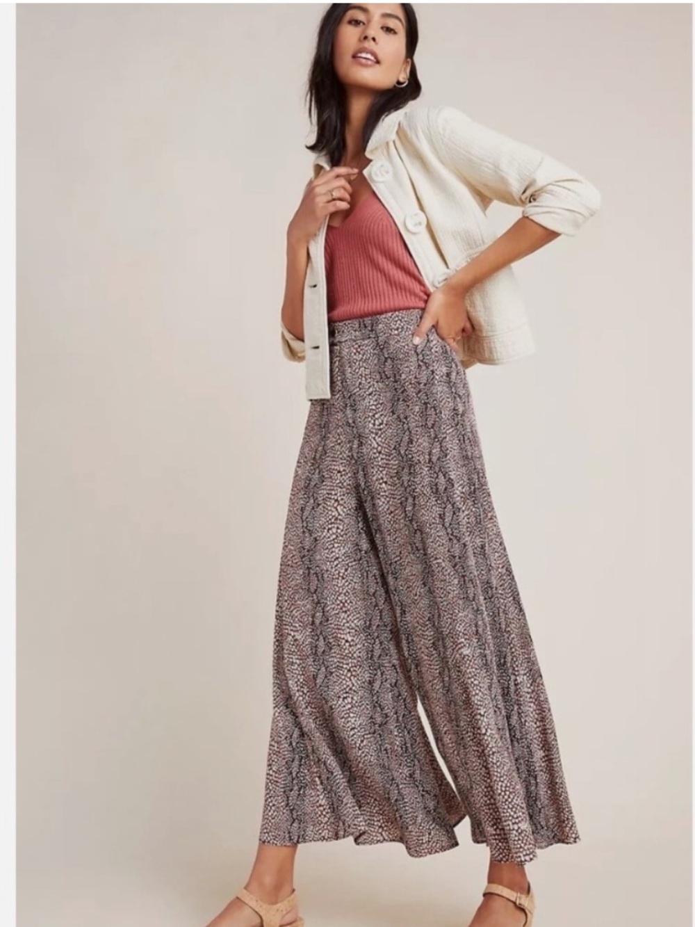 Anthropologie Snakeskin Wide Leg Pants Brown Animal Print Viscose 12